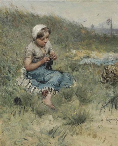 Knitting In The Dunes Oil Painting by Bernardus Johannes Blommers