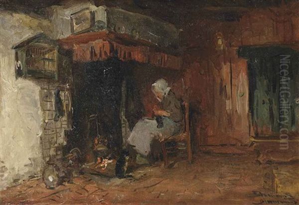 A Woman Knitting By The Fire Place Oil Painting by Bernardus Johannes Blommers