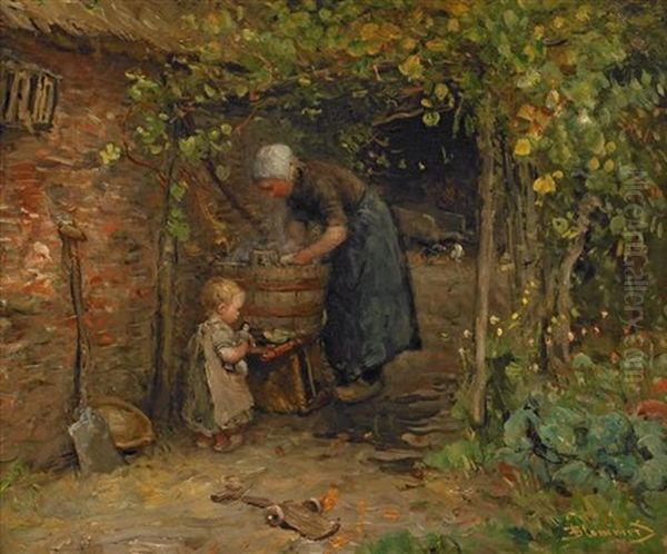 Mother With Daughter Holding Doll On Washing Day Oil Painting by Bernardus Johannes Blommers