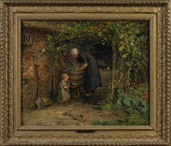 Mother With Daughter Holding Doll On Washing Day Oil Painting by Bernardus Johannes Blommers