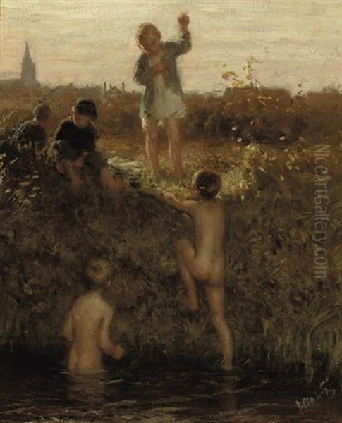 Petits Baigneurs: The Little Bathers Oil Painting by Bernardus Johannes Blommers