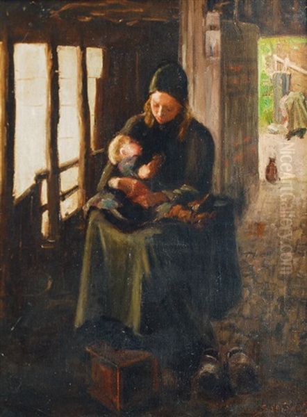 Young Mother With Child Oil Painting by Bernardus Johannes Blommers