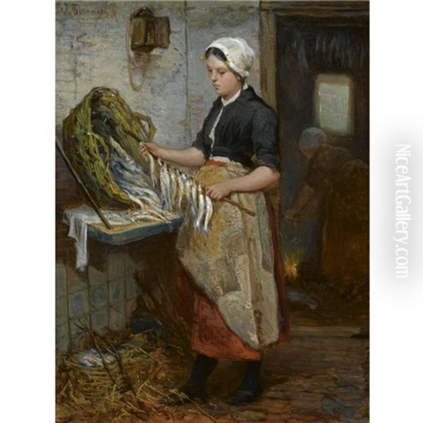 Preparing The Fish (de Speetster) Oil Painting by Bernardus Johannes Blommers