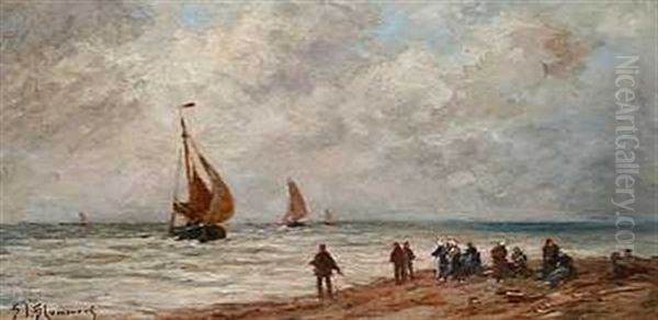 Dagens Fangst Ventes. Fiskere Og Deres Koner Pa Stranden Oil Painting by Bernardus Johannes Blommers