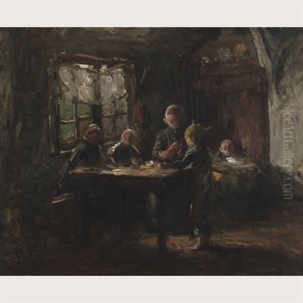 Mother And Children By A Sunlit Window by Bernardus Johannes Blommers