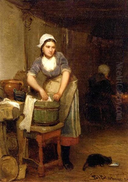 Lessiveuse: Washing Day Oil Painting by Bernardus Johannes Blommers