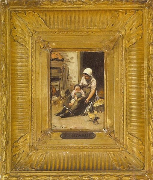 Mother And Child Feeding Chicks Oil Painting by Bernardus Johannes Blommers