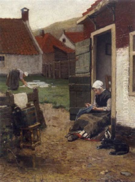 Hausarbeit Im Hof Enes Bauernhauses Oil Painting by Bernardus Johannes Blommers