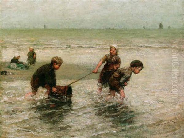 Little Shrimpers On Scheveningen Beach Oil Painting by Bernardus Johannes Blommers