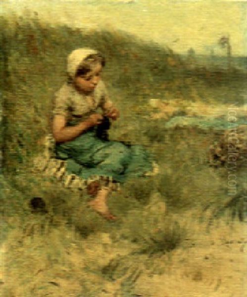 Knitting In The Dunes Oil Painting by Bernardus Johannes Blommers