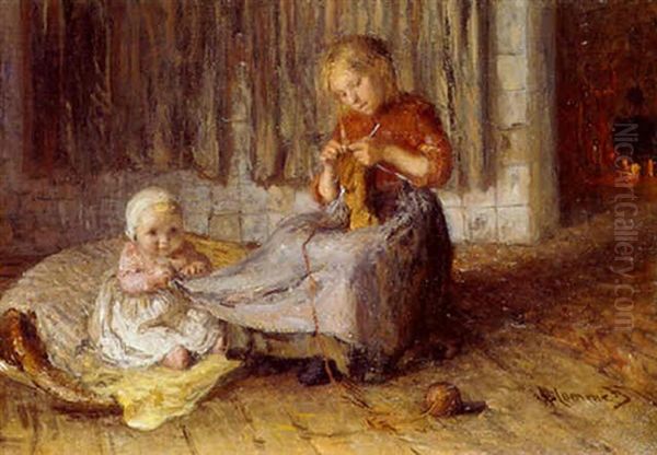 A Girl Knitting And A Baby In A Cottage Interior Oil Painting by Bernardus Johannes Blommers