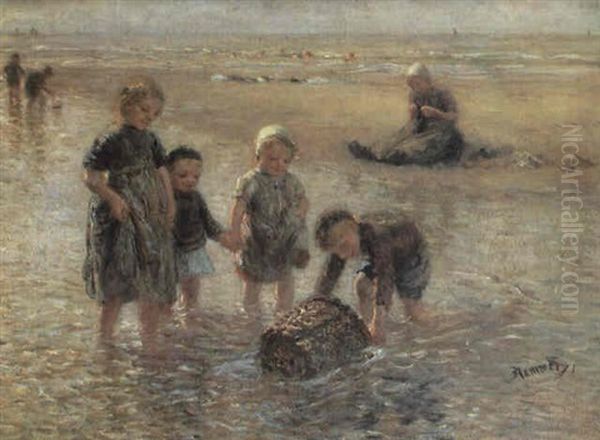 Children On A Seashore Oil Painting by Bernardus Johannes Blommers