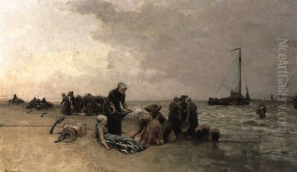 Gathering The Washing On The Beach Oil Painting by Bernardus Johannes Blommers