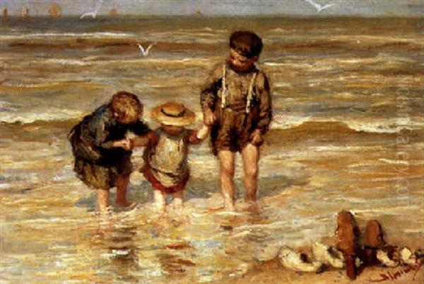 Children On The Beach Oil Painting by Bernardus Johannes Blommers