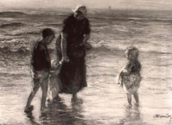 Mother And Children On The Beach Oil Painting by Bernardus Johannes Blommers