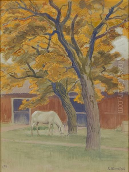 In Front Of The Stable Oil Painting by Vaeinoe Alfred Blomstedt