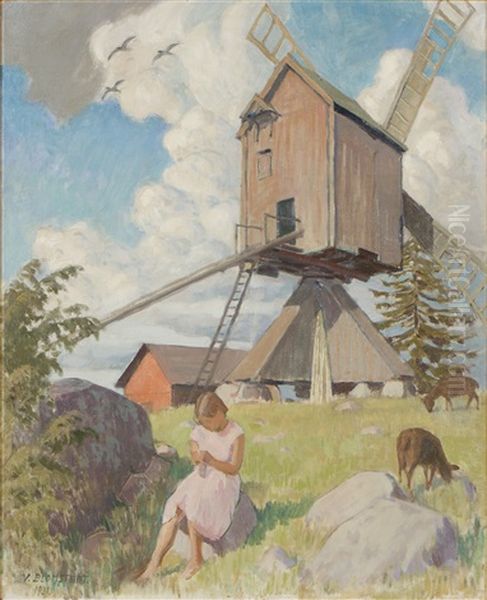 Windmill Oil Painting by Vaeinoe Alfred Blomstedt