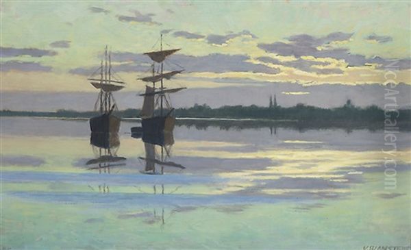 Evening At Anchor Oil Painting by Vaeinoe Alfred Blomstedt