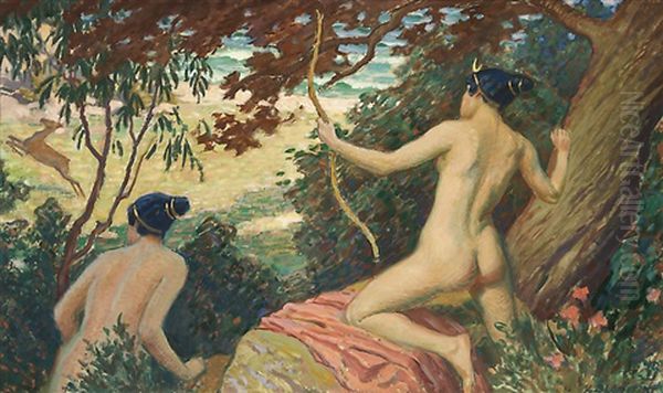 Diana And Nymph Oil Painting by Vaeinoe Alfred Blomstedt