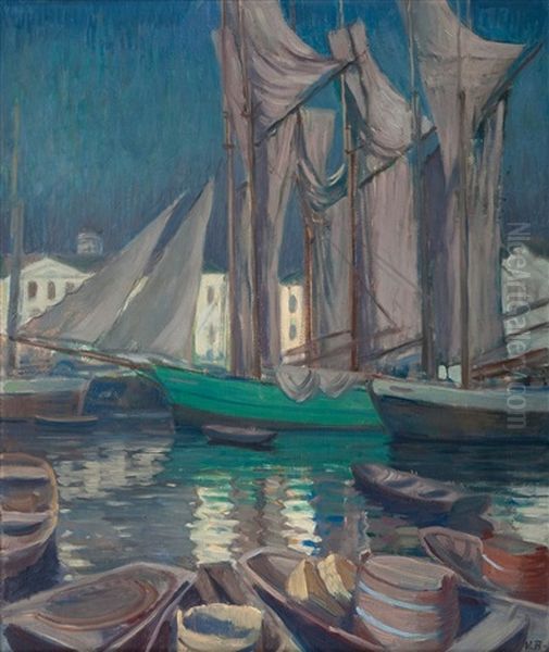 Boats In The Harbor Of Helsinki Oil Painting by Vaeinoe Alfred Blomstedt