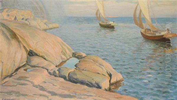 Boote In Kustennahe (baltisches Meer) Oil Painting by Vaeinoe Alfred Blomstedt