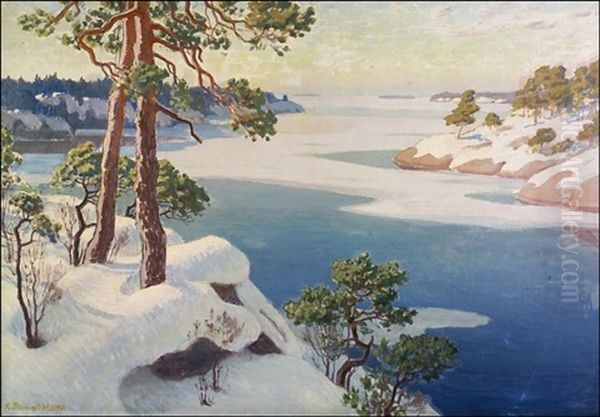 Aurinkoinen Talvipaiva Saaristossa Oil Painting by Vaeinoe Alfred Blomstedt