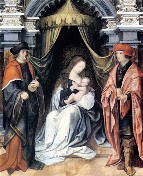 The Madonna And Child Under A Canopy With Saints Damian And Cosmas. Oil Painting by Lancelot Blondeel