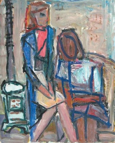 Deux Femmes Pres Du Poele Oil Painting by Andre Blondel (Aleksander Blonder)