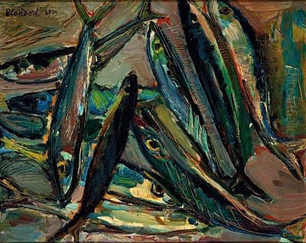 Les Poissons (+ Portrait, Verso) Oil Painting by Andre Blondel (Aleksander Blonder)