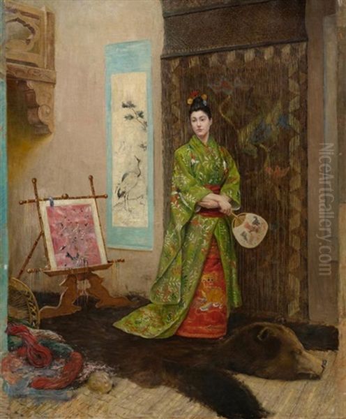 Interieur Mit Edler Dame In Japanischer Tracht Oil Painting by Auguste Blondel