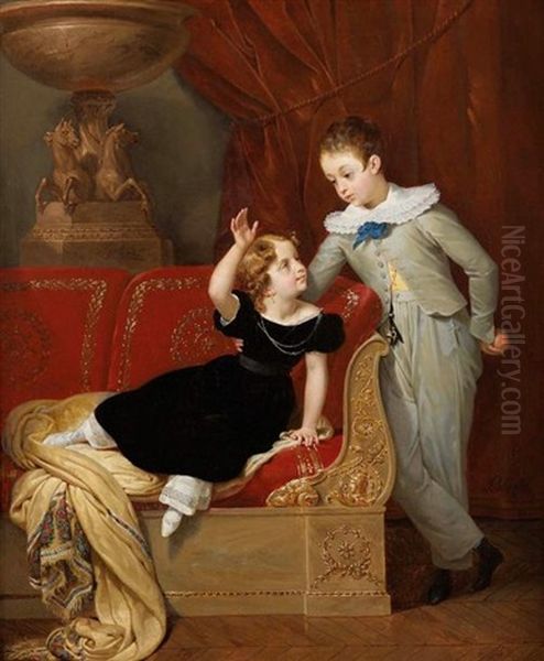 Portrait De Deux Enfants Dans Un Interieur Oil Painting by Merry-Joseph Blondel