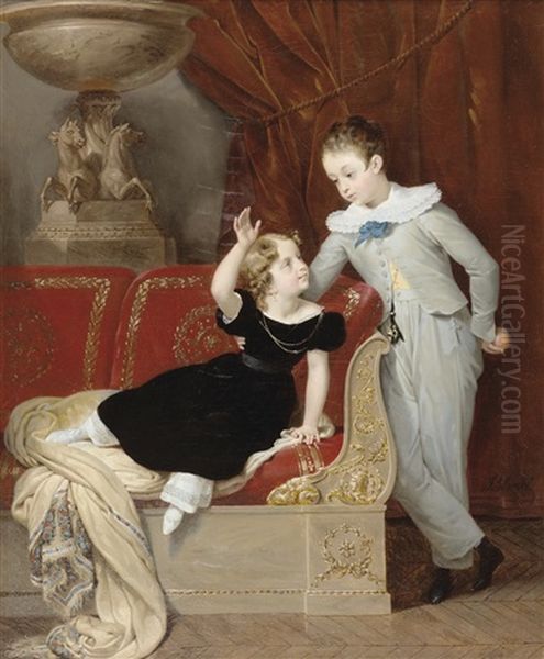 Portrait De Deux Enfants Dans Un Interieur De Style Empire Oil Painting by Merry-Joseph Blondel