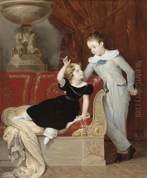 Portraits De Deux Enfants Dans Un Interieur De Style Empire Oil Painting by Merry-Joseph Blondel