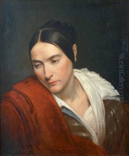 Portrait De Femme A La Robe Rouge Oil Painting by Merry-Joseph Blondel