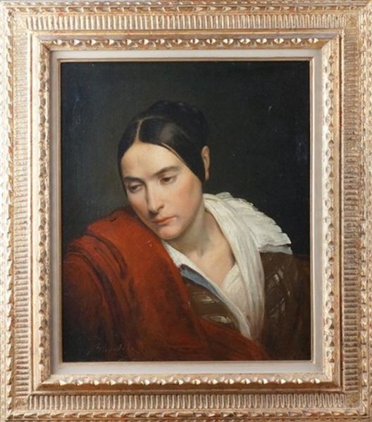 Portrait De Femme A La Robe Rouge Oil Painting by Merry-Joseph Blondel