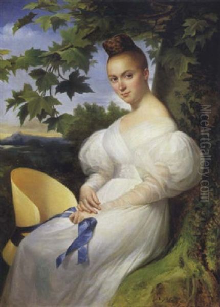 Portrait De Femme A La Robe Blanche Oil Painting by Merry-Joseph Blondel