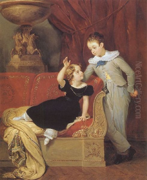 Portrait Of Two Children In An Empire Style Interior Oil Painting by Merry-Joseph Blondel