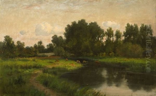 Pastoral Landscape With Cows Oil Painting by Hiram Reynolds Bloomer