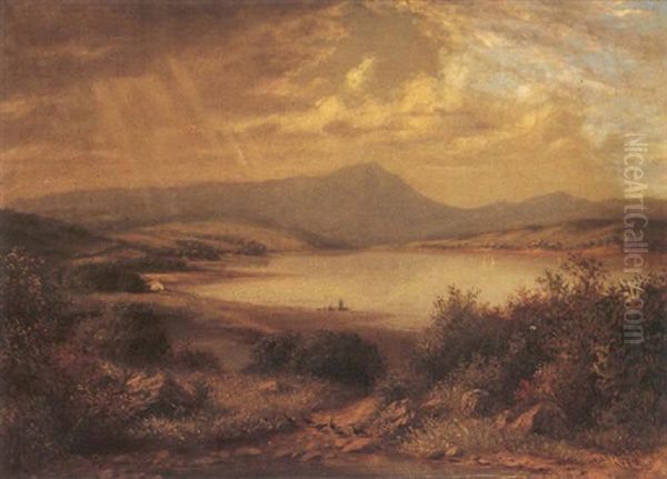 A Landscape With Sailboats On A Lake And A Mountain Beyond Oil Painting by Hiram Reynolds Bloomer