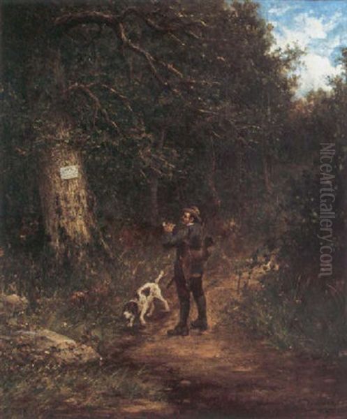 A Hunter With His Dog On A Forest Path Oil Painting by Hiram Reynolds Bloomer