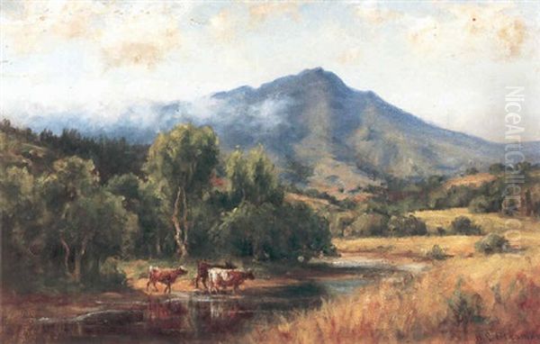 Cows Watering In A Stream With A Mountain In The Distance Oil Painting by Hiram Reynolds Bloomer