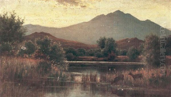 Deer Watering In A Mountainous Landscape Oil Painting by Hiram Reynolds Bloomer