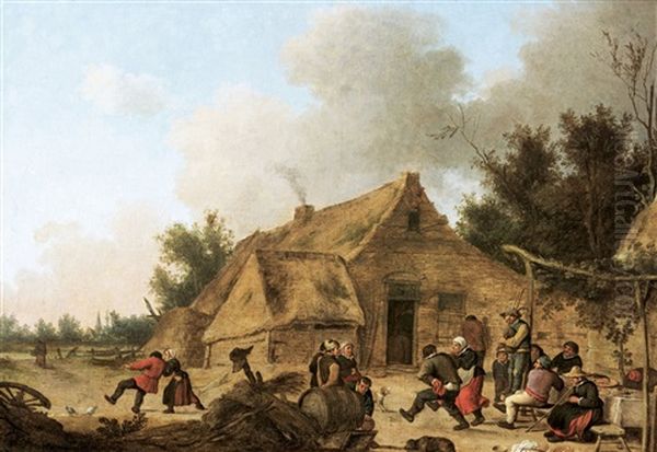 Peasants Feasting By A Farmhouse Oil Painting by Pieter de Bloot