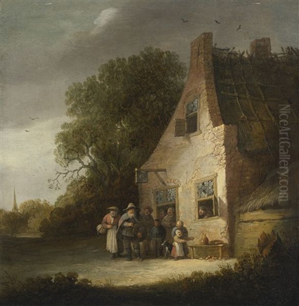 Peasants Standing At The Entrance To An Inn, Listening To A Man Playing The Hurdy-gurdy Oil Painting by Pieter de Bloot