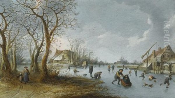 A Frozen River Landscape With A Man Pushing His Wife Along The Ice In A Sledge Oil Painting by Pieter de Bloot