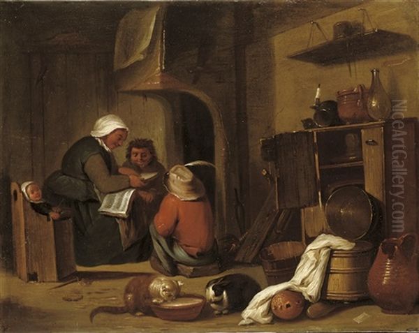 A Woman Reading To Children In An Interior Near A Fireplace Oil Painting by Pieter de Bloot