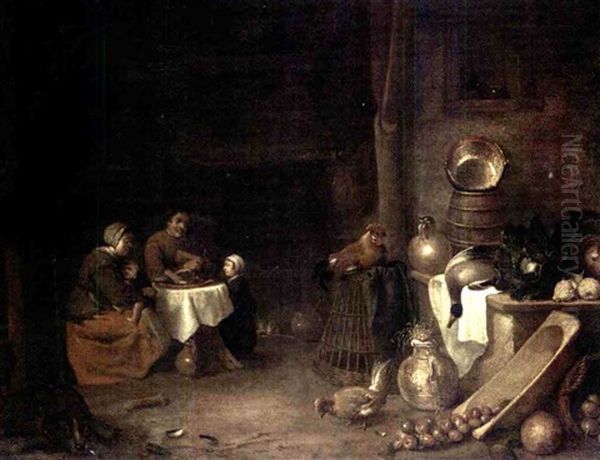 A Barn Interior With A Still Life Of Kitchen Utensils And A Peasant Family Seated Round A Table Oil Painting by Pieter de Bloot