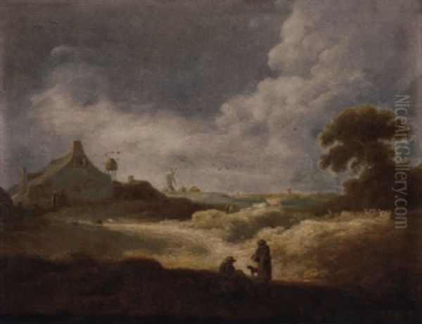 An Extensive Landscape With Peasants In The Foreground, A Farmhouse And A Windmill Beyond Oil Painting by Pieter de Bloot