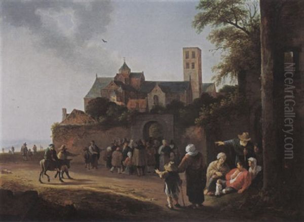 Utrecht: The Mariakerk With Travellers, Pilgrims And Beggars Outside The City Walls Going To The Church Oil Painting by Pieter de Bloot