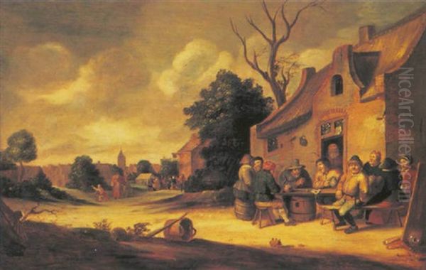 Peasants Outside A Tavern, A Village With A Market Beyond Oil Painting by Pieter de Bloot